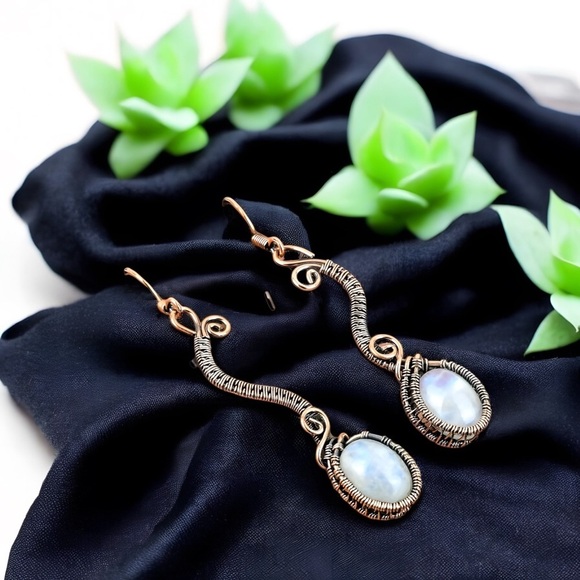 Copper Wrapped Hand Crafted Artisan Rainbow Moonstone Earrings - Picture 2 of 7